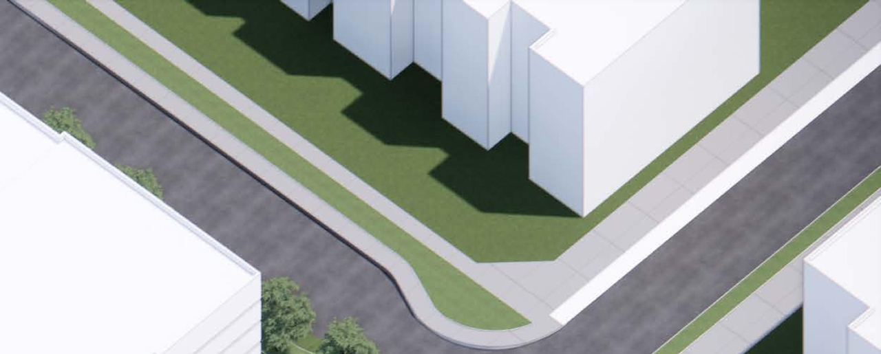 Rendering of building from page 10 of the file '2024-02-16 - Perspective Around the Area - D07-12-23-0023'