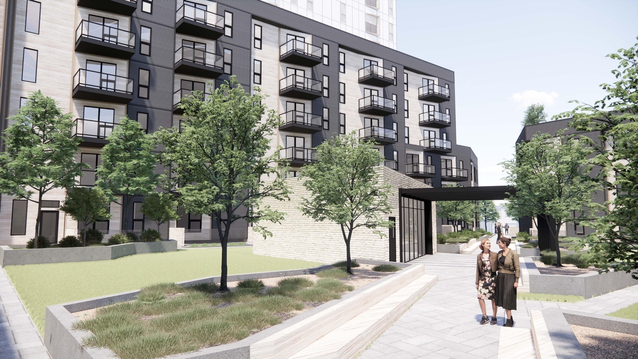 Rendering of building from page 14 of the file '2024-02-16 - Perspective Around the Area - D07-12-23-0023'