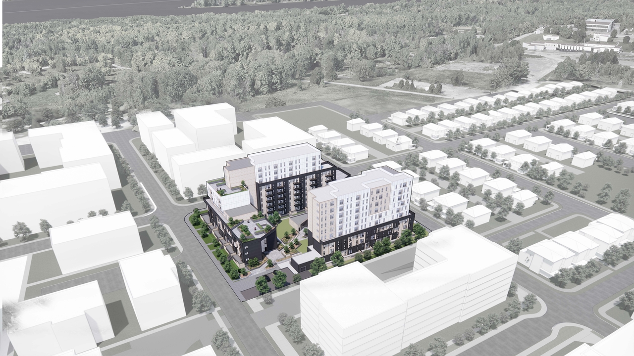 Rendering of building from page 16 of the file '2024-02-16 - Perspective Around the Area - D07-12-23-0023'