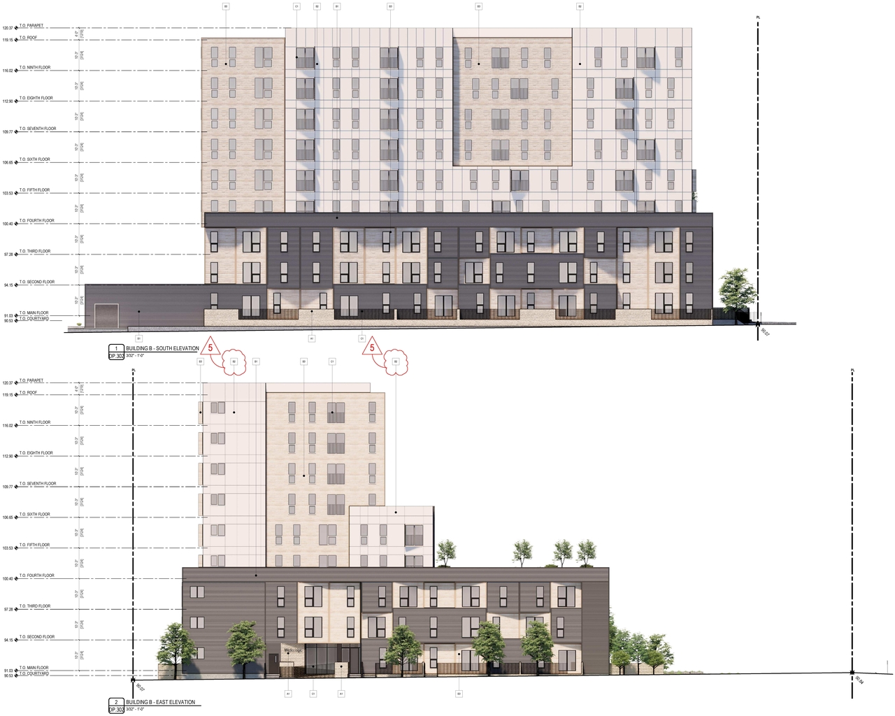 Rendering of building from page 6 of the file '2024-06-20 - Site & Floor Plans, Building Elevations - D07-12-23-0023'