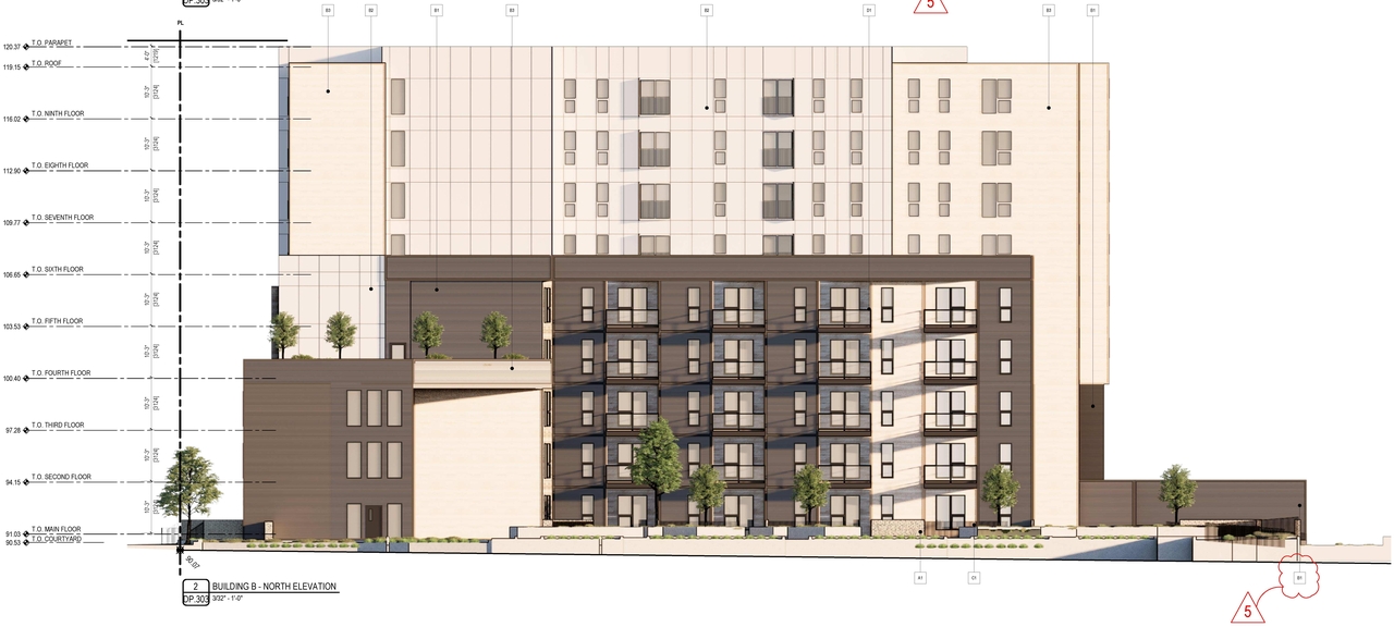 Rendering of building from page 7 of the file '2024-06-20 - Site & Floor Plans, Building Elevations - D07-12-23-0023'