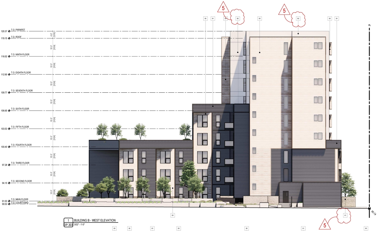 Rendering of building from page 7 of the file '2024-06-20 - Site & Floor Plans, Building Elevations - D07-12-23-0023'