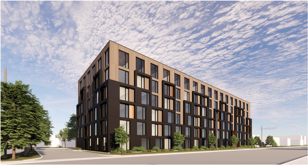 Rendering of building from page 5 of the file '2023-05-01 - Design Brief - D07-12-23-0044'