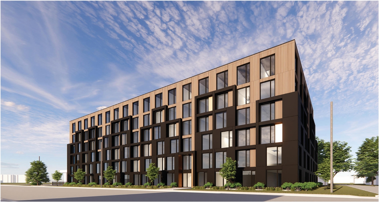Rendering of building from page 6 of the file '2023-05-01 - Design Brief - D07-12-23-0044'