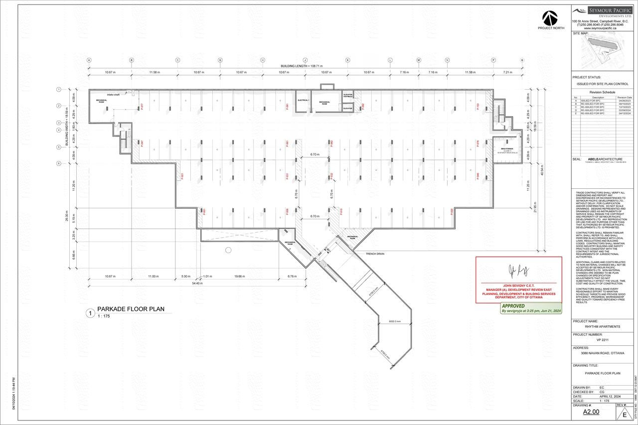 Floor plan for project from page 1 of the file '2024-06-24 - Approved Parkade Floor Plan - D07-12-23-0047'
