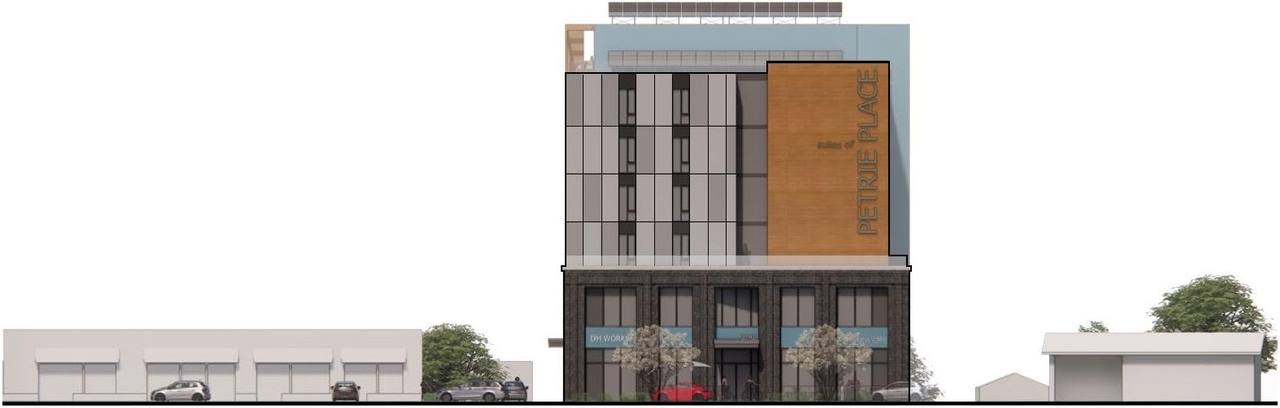 Rendering of building from page 3 of the file '2023-05-15 - Design Brief - D07-12-23-0059'