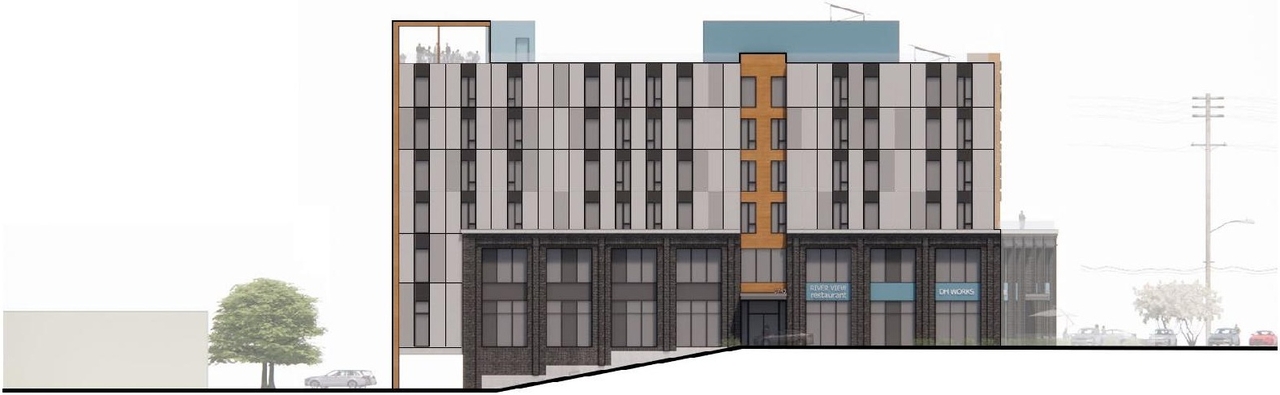 Rendering of building from page 3 of the file '2023-05-15 - Design Brief - D07-12-23-0059'