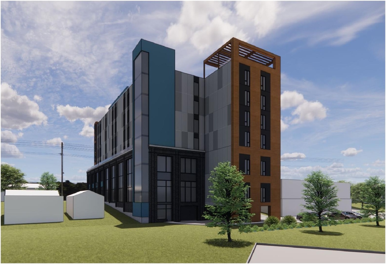 Rendering of building from page 7 of the file '2023-05-15 - Design Brief - D07-12-23-0059'