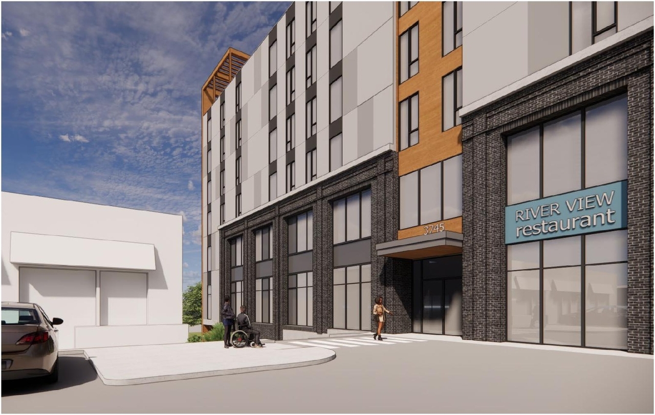 Rendering of building from page 8 of the file '2023-05-15 - Design Brief - D07-12-23-0059'