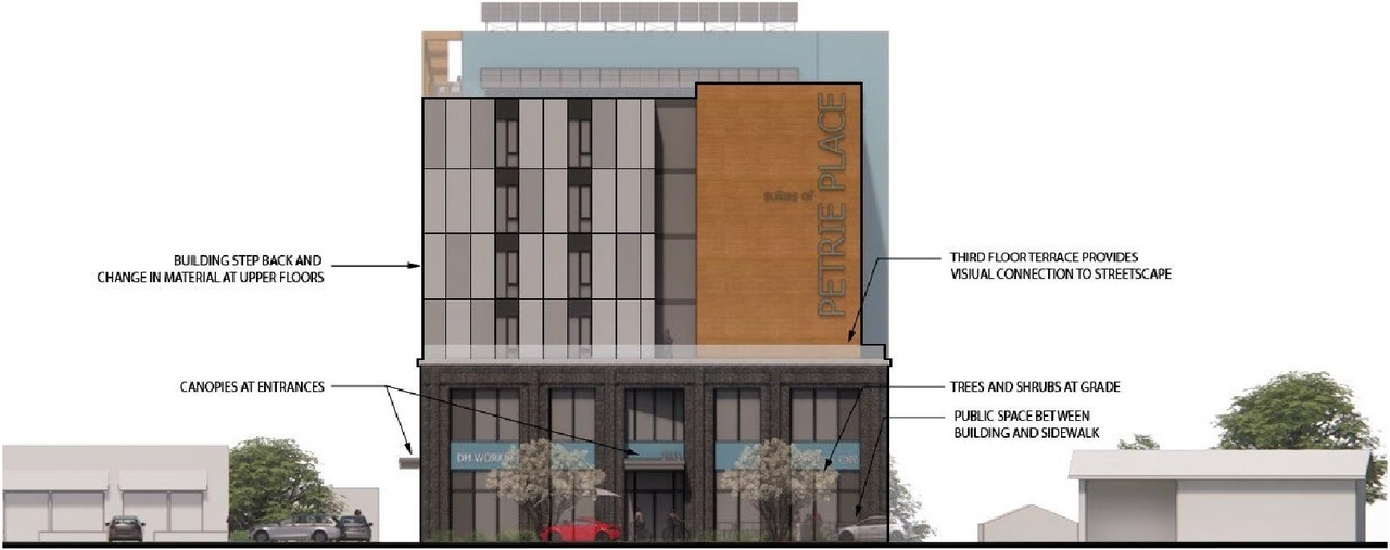 Rendering of building from page 11 of the file '2023-05-15 - Design Brief - D07-12-23-0059'
