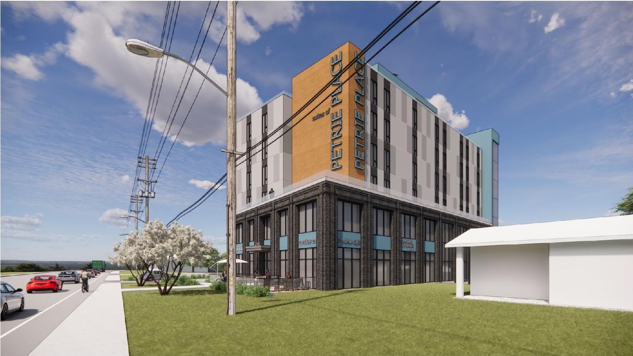 Rendering of building from page 6 of the file '2023-05-15 - Design Brief - D07-12-23-0059'