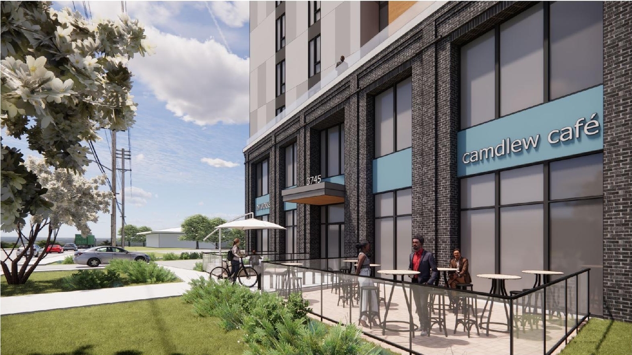 Rendering of building from page 8 of the file '2023-05-15 - Design Brief - D07-12-23-0059'