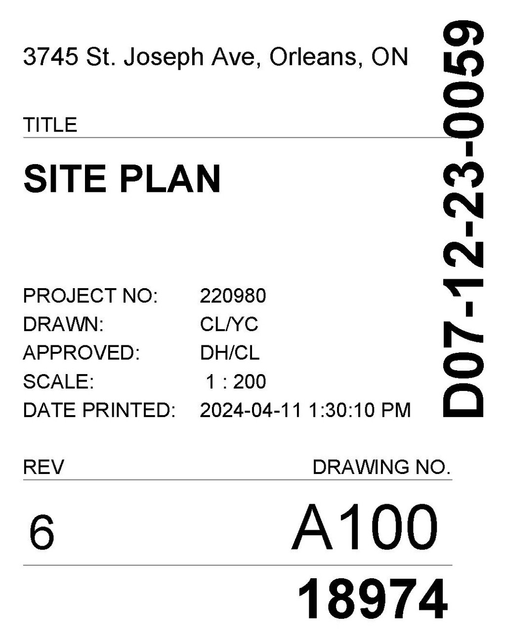 Construction site plan for project from page 1 of the file '2024-04-12 - Site and Floor Plans - D07-12-23-0059'