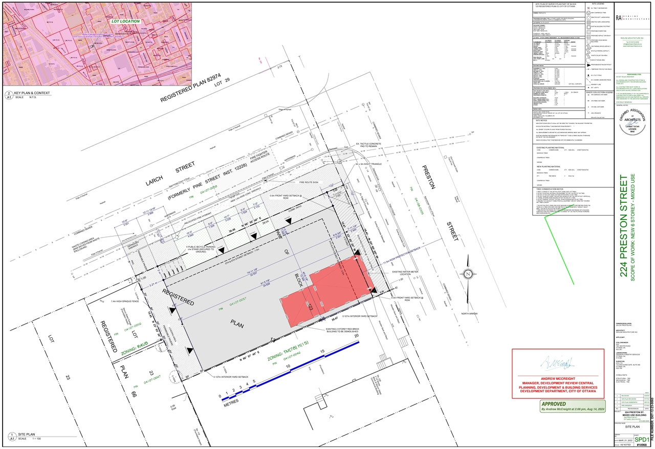 Construction site plan for project from page 1 of the file '2024-08-16 - Approved Site Plan & Ex Floor Plans - D07-12-23-0060'