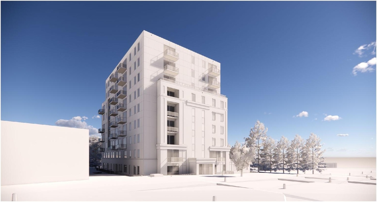 Rendering of building from page 3 of the file '2023-06-07 - Design Brief - D07-12-23-0071'