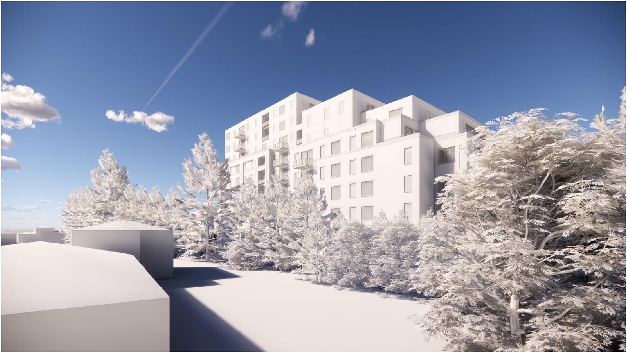 Rendering of building from page 4 of the file '2023-06-07 - Design Brief - D07-12-23-0071'
