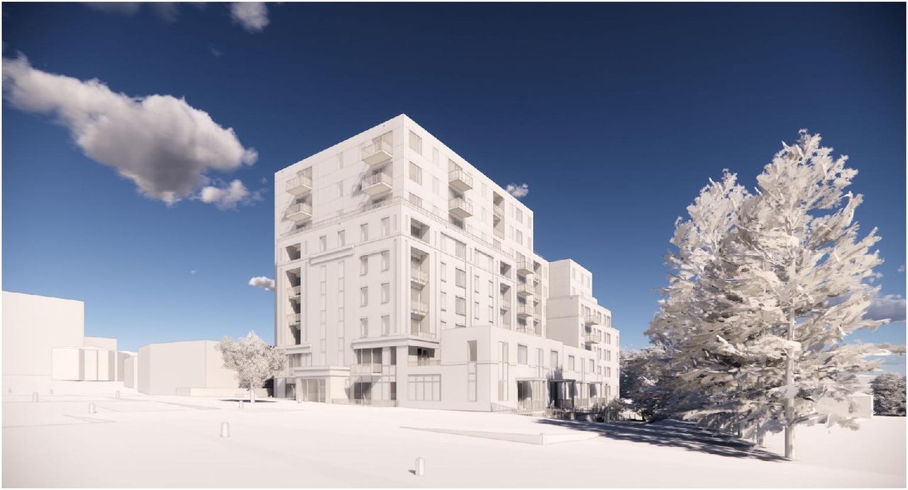 Rendering of building from page 4 of the file '2023-06-07 - Design Brief - D07-12-23-0071'