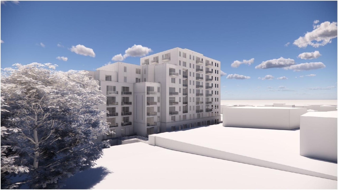 Rendering of building from page 5 of the file '2023-06-07 - Design Brief - D07-12-23-0071'