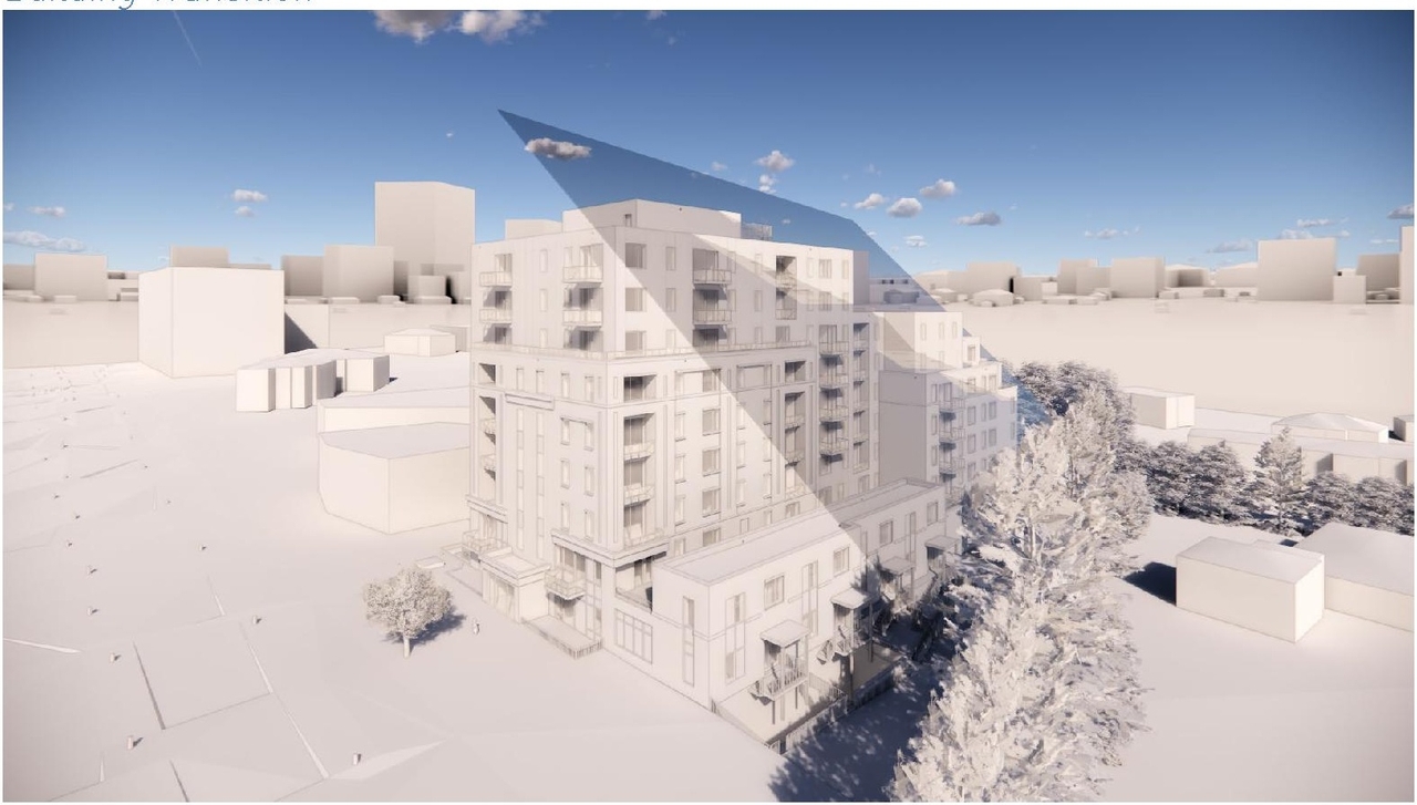 Rendering of building from page 6 of the file '2023-06-07 - Design Brief - D07-12-23-0071'