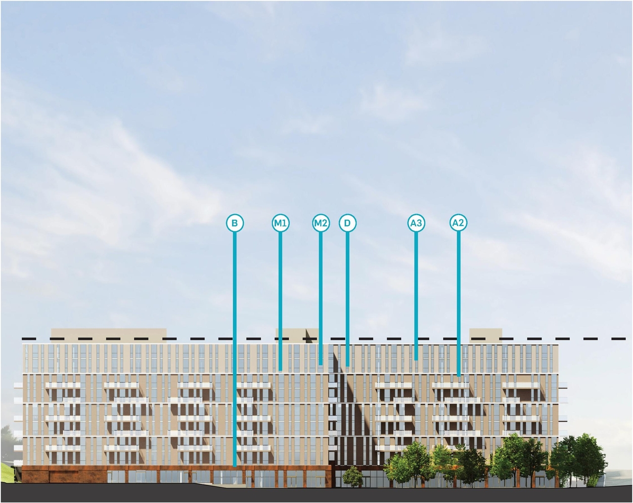 Rendering of building from page 66 of the file '2025-10-03 - Design Brief - D07-12-23-0073'