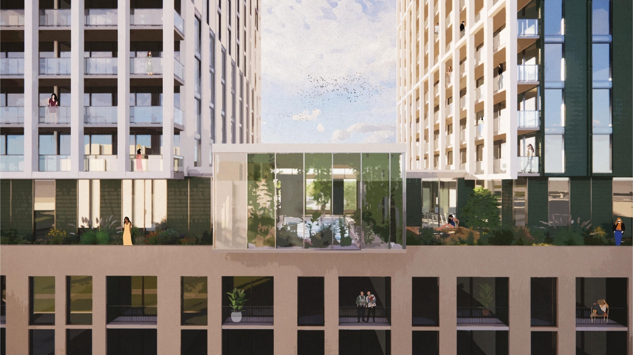 Rendering of building from page 4 of the file '2023-06-27 - Design Brief - D07-12-23-0083'