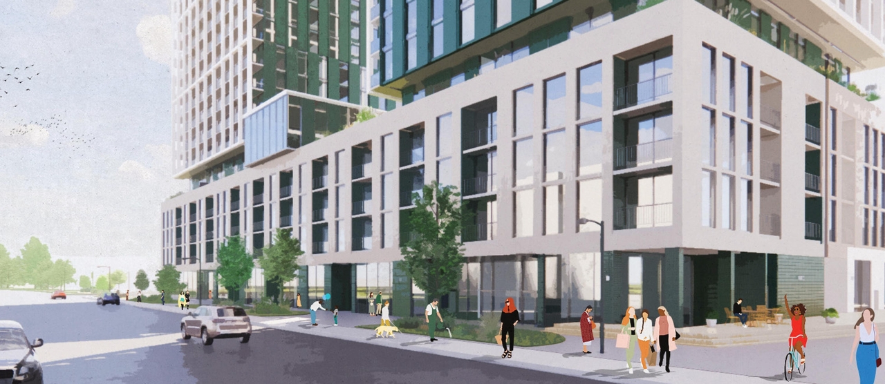 Rendering of building from page 5 of the file '2023-06-27 - Design Brief - D07-12-23-0083'