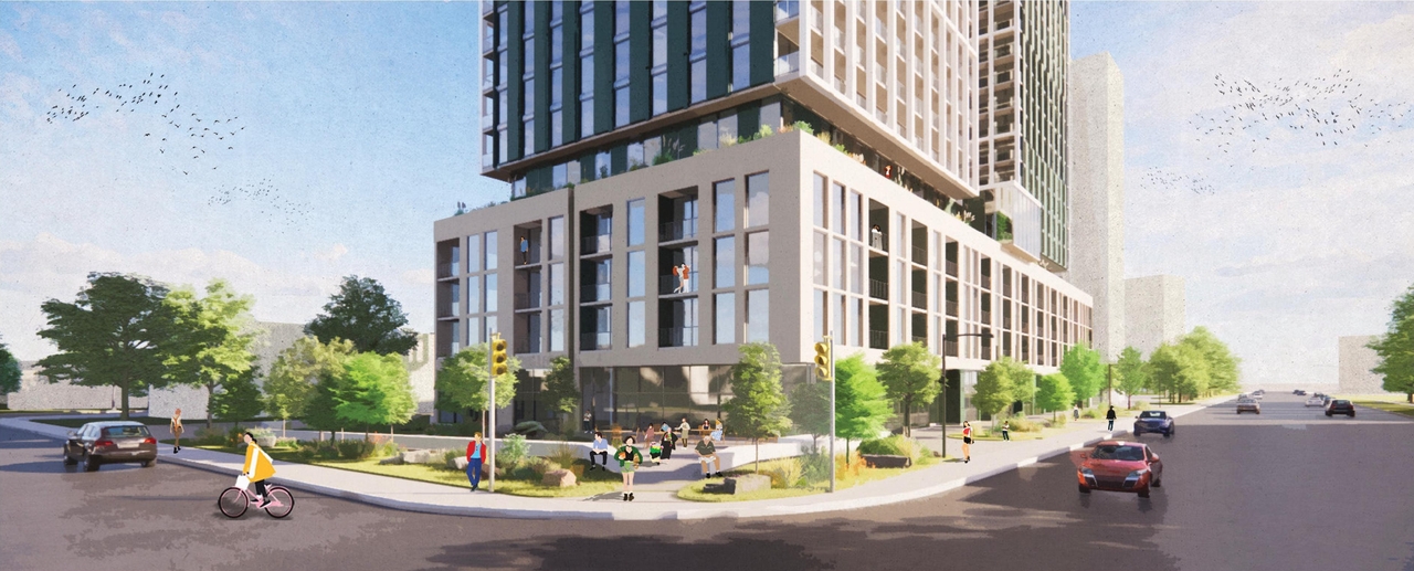 Rendering of building from page 7 of the file '2023-06-27 - Design Brief - D07-12-23-0083'