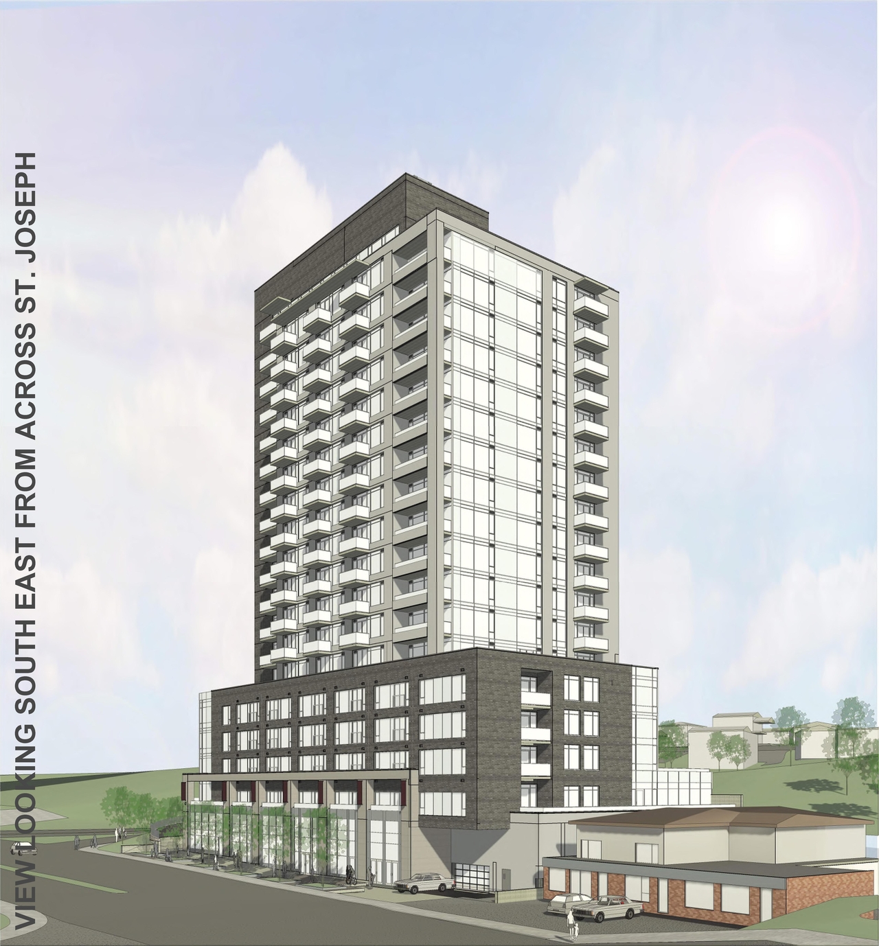 Rendering of building from page 23 of the file '2024-03-19 - Urban Design Review Panel Slide Deck -D07-12-23-0090'