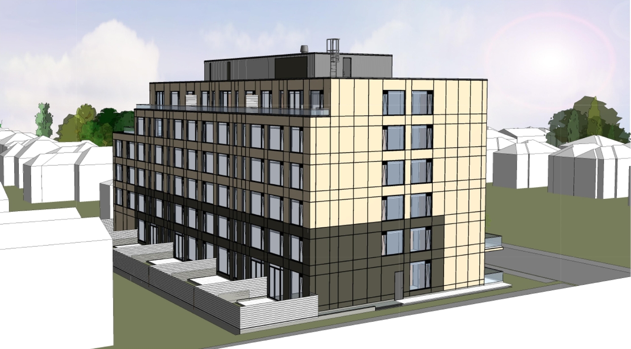 Rendering of building from page 23 of the file '2024-08-09 - Design Brief - D07-12-24-0062'