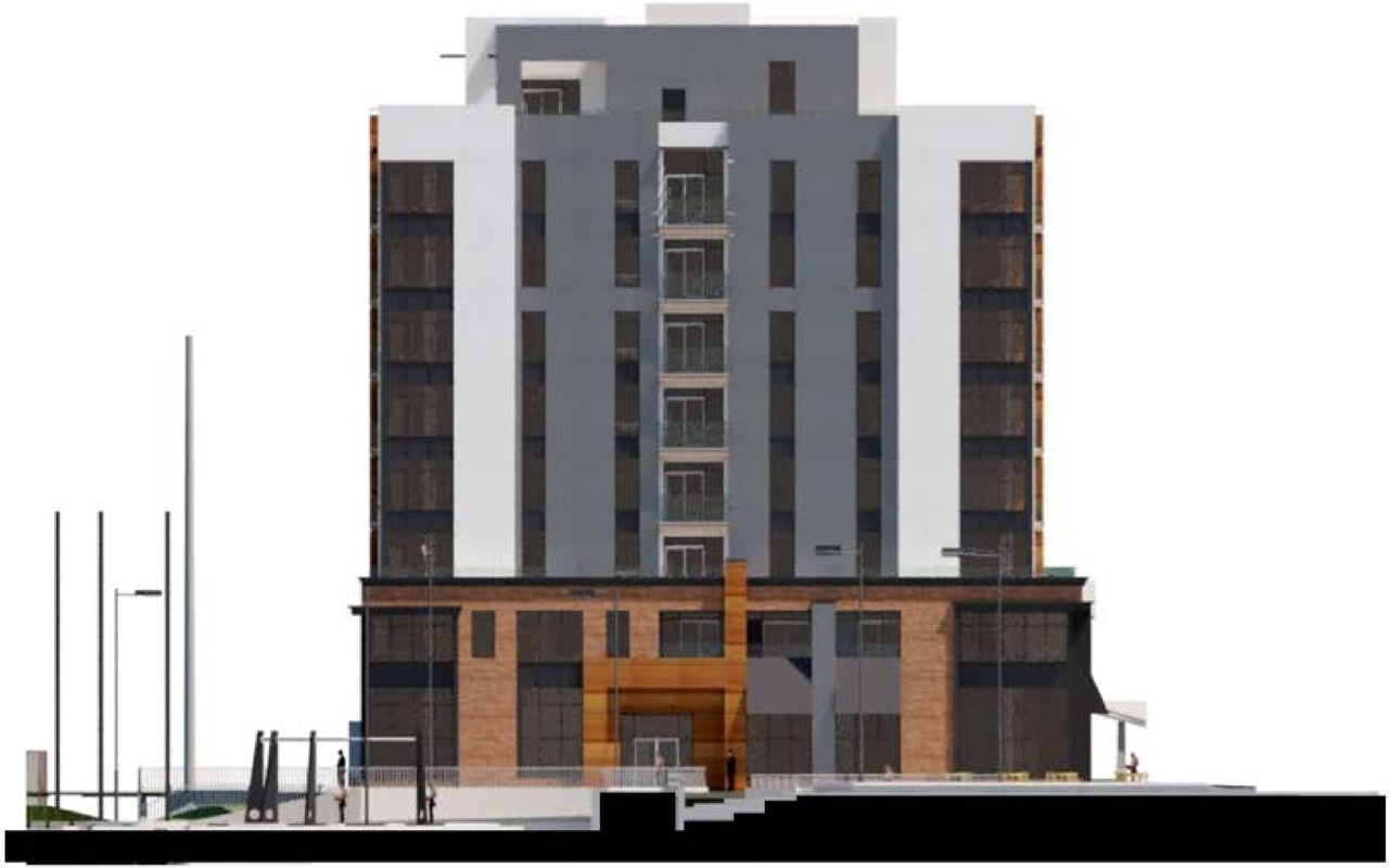 Rendering of building from page 25 of the file '2024-07-24 - Urban Design Brief - D07-12-24-0066'