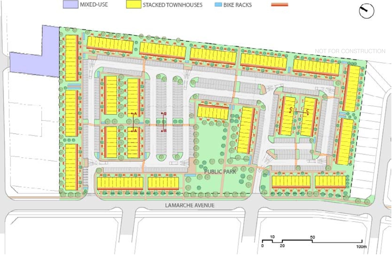 Construction site plan for project from page 32 of the file '2025-04-07 - Urban Design Brief - D07-12-24-0103'