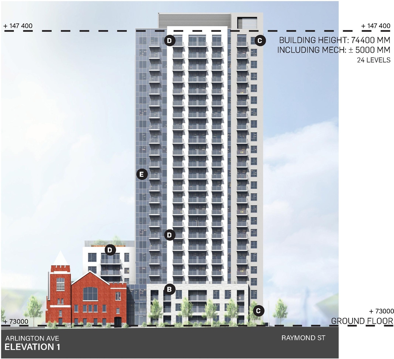 Rendering of building from page 27 of the file '2024-10-11 - Urban Design Brief - D07-12-24-0127'