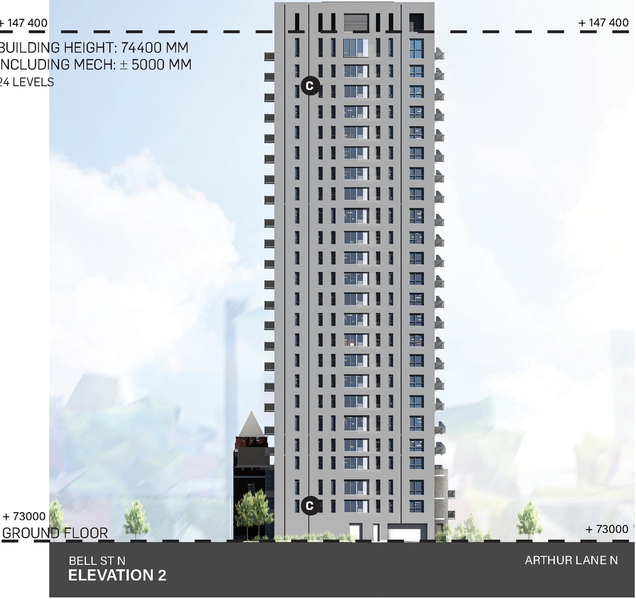Rendering of building from page 27 of the file '2024-10-11 - Urban Design Brief - D07-12-24-0127'
