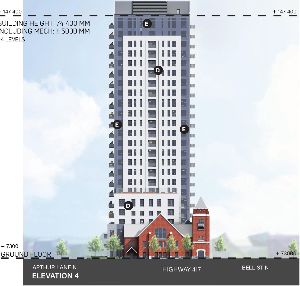 Rendering of building from page 28 of the file '2024-10-11 - Urban Design Brief - D07-12-24-0127'