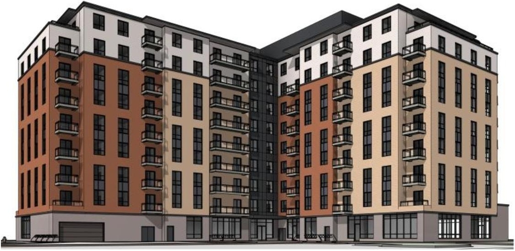 Rendering of building from page 21 of the file '2025-05-12 - Urban Design Brief - D07-12-24-0169'