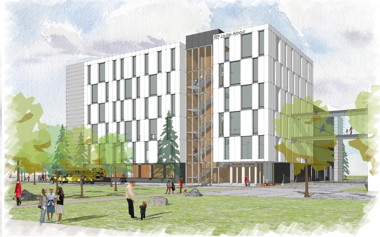 Rendering of building from page 59 of the file '2025-04-30 - Urban Design Brief - D07-12-25-0060'