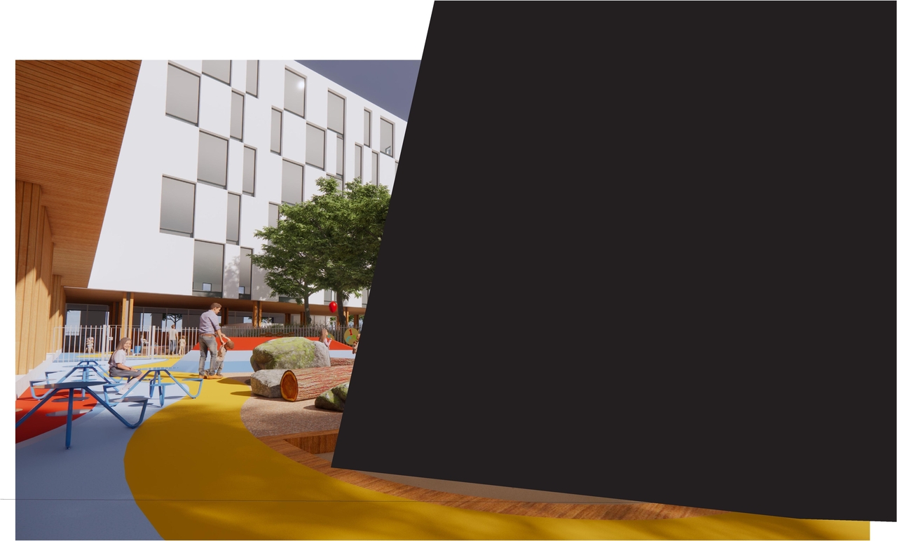 Rendering of building from page 84 of the file '2025-04-30 - Urban Design Brief - D07-12-25-0060'