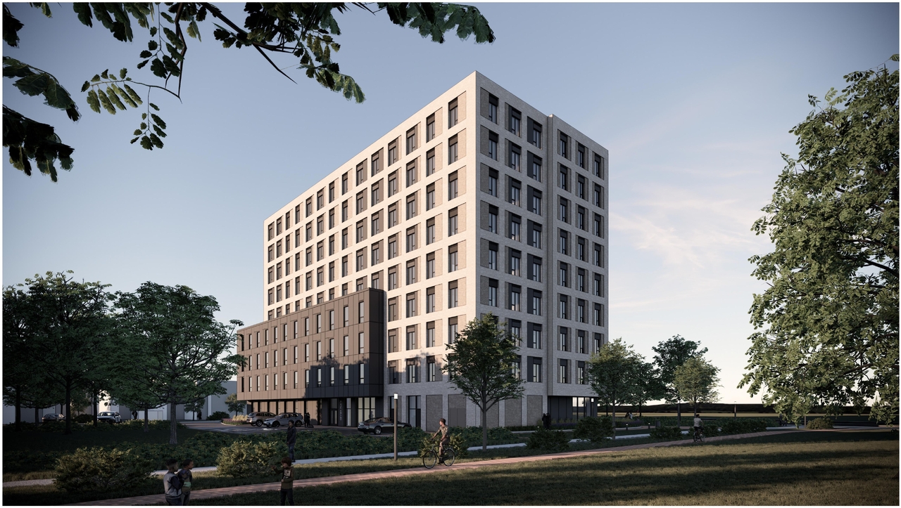 Rendering of building from page 5 of the file '2025-05-27 - Urban Design Brief - D07-12-25-0071'