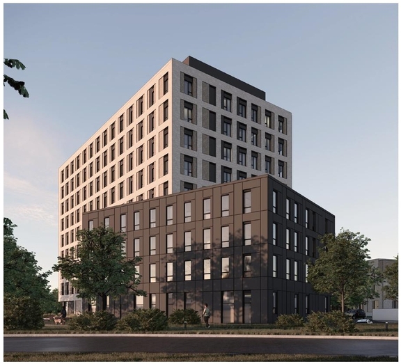 Rendering of building from page 38 of the file '2025-05-27 - Urban Design Brief - D07-12-25-0071'
