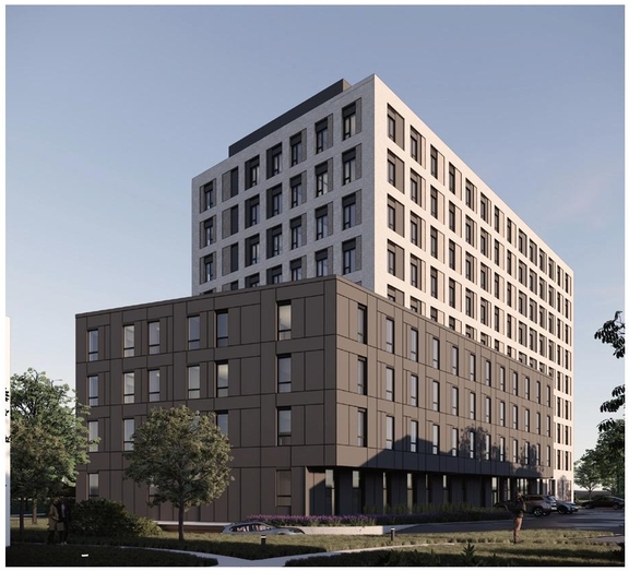 Rendering of building from page 38 of the file '2025-05-27 - Urban Design Brief - D07-12-25-0071'