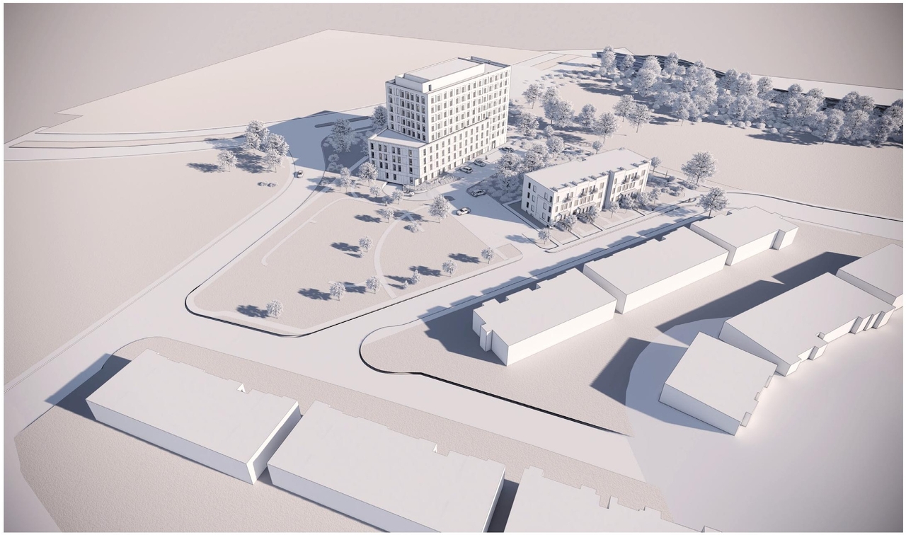 Rendering of building from page 39 of the file '2025-05-27 - Urban Design Brief - D07-12-25-0071'