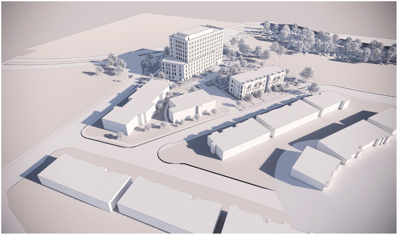 Rendering of building from page 40 of the file '2025-05-27 - Urban Design Brief - D07-12-25-0071'
