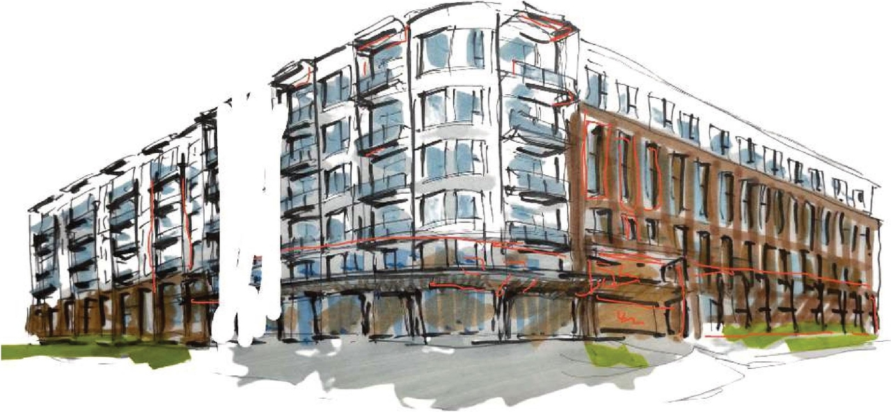 Rendering of building from page 66 of the file '2025-07-25 - Urban Design Brief - D07-12-25-0103'