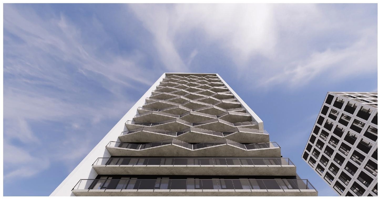 Rendering of building from page 32 of the file '2025-09-02 - Design Brief - D07-12-25-0121'