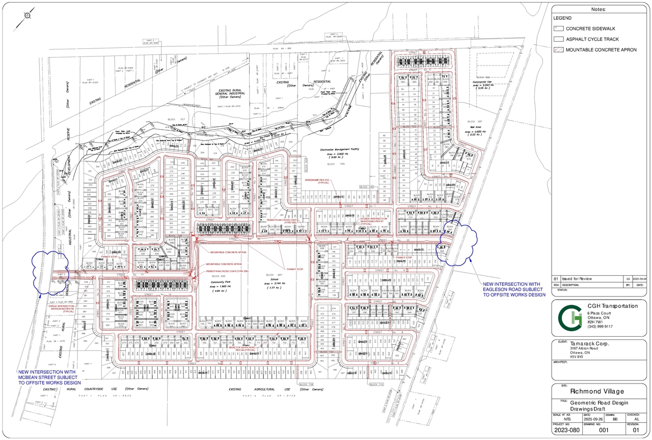 Construction site plan for project from page 1 of the file '2025-10-20 - Geometric Road Design Drawing Draft - D07-16-20-0028'