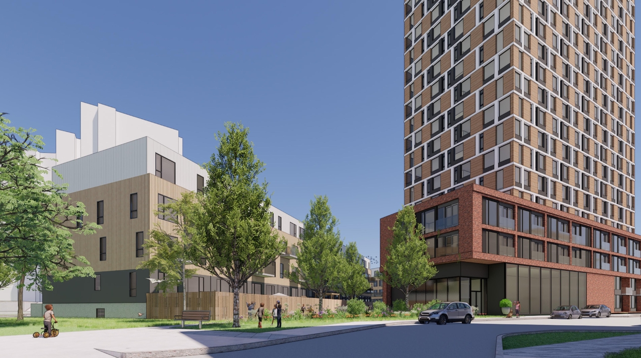 Rendering of building from page 48 of the file '2025-08-08 - Urban Design Brief - D07-16-25-0013'