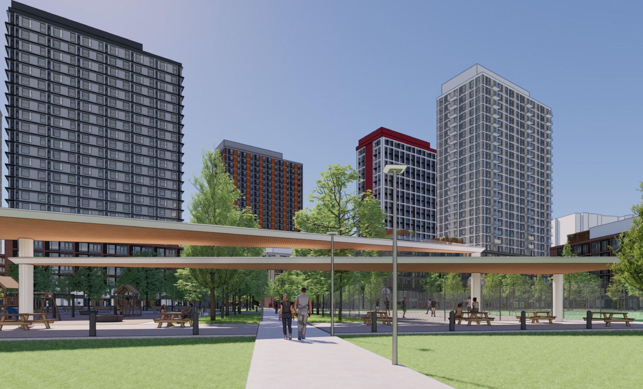 Rendering of building from page 70 of the file '2025-08-08 - Urban Design Brief - D07-16-25-0013'