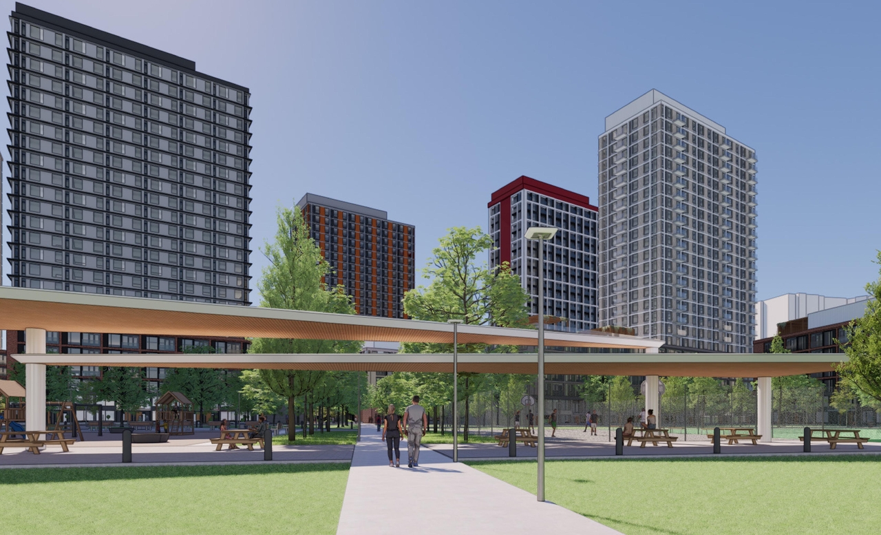 Rendering of building from page 70 of the file '2025-08-08 - Urban Design Brief - D07-16-25-0013'